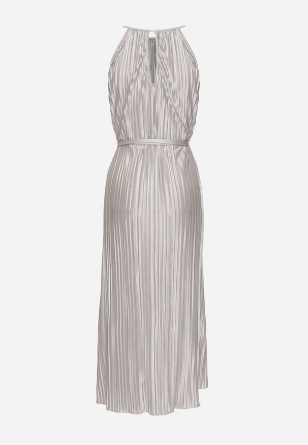 Born2be - Szara Plisowana Sukienka na Cienkich Ramiączkach Wiązana w Talii Virsea. Okazja: na ślub cywilny, na wesele, na studniówkę. Kolor: szary. Długość rękawa: na ramiączkach. Styl: klasyczny