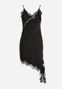 Born2be - Czarna Asymetryczna Sukienka z Satyny Ozdobiona Koronką Monivea. Okazja: na co dzień. Kolor: czarny. Materiał: satyna, koronka. Długość rękawa: na ramiączkach. Wzór: aplikacja, koronka. Typ sukienki: asymetryczne. Styl: casual, klasyczny #4