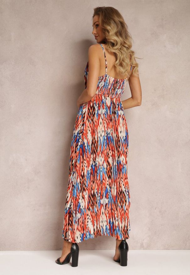 Renee - Czerwono-Niebieska Plisowana Sukienka Maxi z Gumką w Talii i Kopertowym Dekoltem Iralle. Kolor: czerwony. Długość rękawa: na ramiączkach. Typ sukienki: kopertowe. Długość: maxi