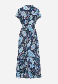 Born2be - Granatowa Bawełniana Sukienka Boho z Gumką w Talii i Wzorem Paisley Sirrelia. Kolor: niebieski. Materiał: bawełna. Wzór: paisley. Styl: boho