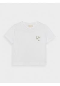 outhorn - T-shirt crop damski - biały. Kolor: biały. Materiał: bawełna, materiał, dzianina. Wzór: haft