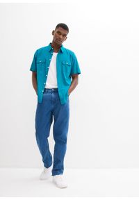 bonprix - Koszulka z krótkim rękawem, z czystej bawełny. Typ kołnierza: kołnierzyk włoski. Kolor: niebieski. Materiał: bawełna, materiał. Długość rękawa: krótki rękaw. Długość: krótkie. Sezon: lato #3