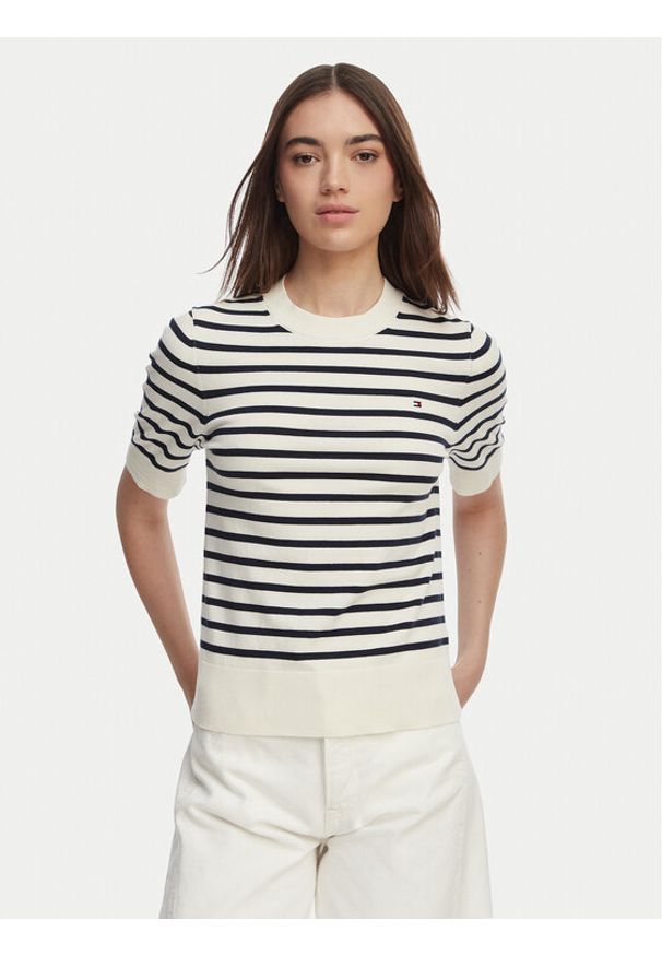 TOMMY HILFIGER - Tommy Hilfiger Sweter WW0WW49705 Biały Slim Fit. Kolor: biały. Materiał: syntetyk, bawełna
