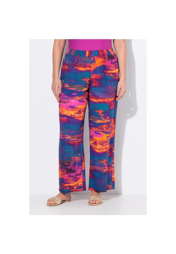 ULLA POPKEN - Damskie Spodnie palazzo szeroka prosta nogawka elastyczny pas. Kolekcja: plus size. Kolor: żółty, wielokolorowy, pomarańczowy. Materiał: wiskoza, materiał. Długość: długie