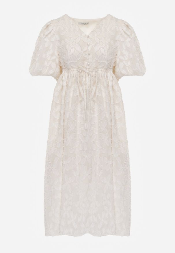 Born2be - Jasnobeżowa Rozkloszowana Sukienka z Wiskozy z Bufiastymi Rękawami Devisana. Kolor: beżowy. Materiał: wiskoza. Styl: klasyczny, elegancki