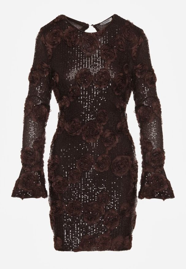 Born2be - Brązowa Cekinowa Sukienka z Kwiatami 3D Naweda. Okazja: na spotkanie biznesowe. Kolor: brązowy. Materiał: poliester, jeans. Wzór: kwiaty. Styl: biznesowy