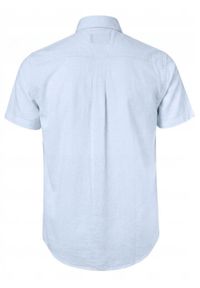 Lniano-Bawełniana Koszula Męska - Pako Jeans - Błękitna. Okazja: na co dzień. Typ kołnierza: button down. Kolor: niebieski. Materiał: bawełna, len. Styl: casual #3