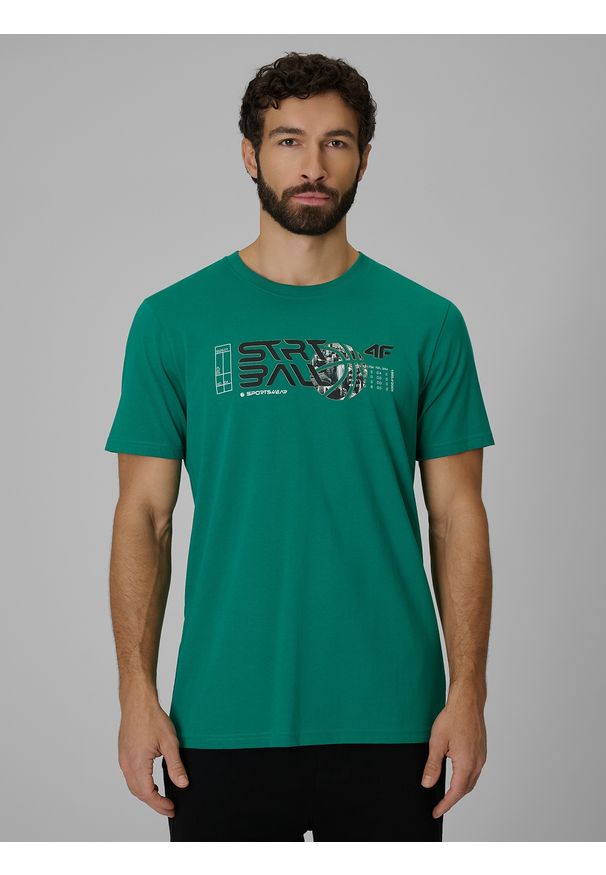 4f - 4F T-shirt regular z nadrukiem męski - zielony XXL. Okazja: na co dzień. Kolor: zielony. Materiał: materiał, bawełna. Wzór: nadruk. Styl: casual, sportowy