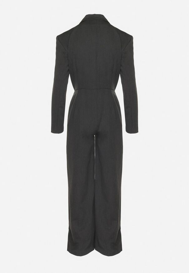 Born2be - Ciemnoszary Garniturowy Kombinezon z Wiskozą z Szerokimi Nogawkami i Zapięciem na Guziki Avaline. Okazja: na spotkanie biznesowe. Kolor: szary. Materiał: wiskoza. Styl: klasyczny, elegancki, sportowy, biznesowy