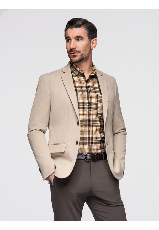 Ombre Clothing - Elegancka męska marynarka SLIM FIT z rayonem – beżowa V2 - Rozmiar: XXL. Kolor: beżowy. Materiał: materiał, tkanina, poliester. Wzór: ze splotem. Styl: elegancki