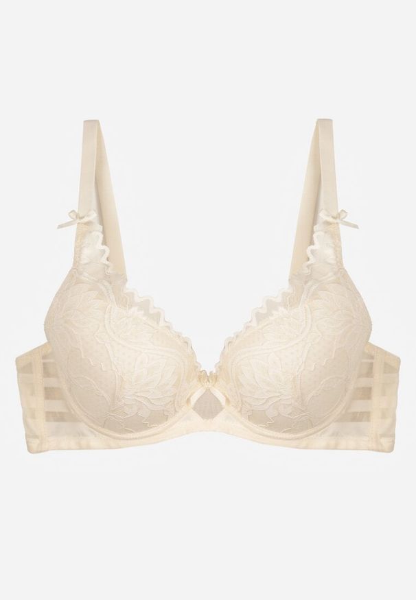 Born2be - Jasnobeżowy Biustonosz Koronkowy z Kokardkami Themikaia. Kolor: beżowy. Materiał: koronka