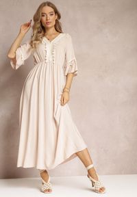 Renee - Beżowa Sukienka Maxi z Gumką w Talii z Ozdobnymi Chwostami z Wiskozy Zisel. Kolor: beżowy. Materiał: wiskoza. Długość: maxi