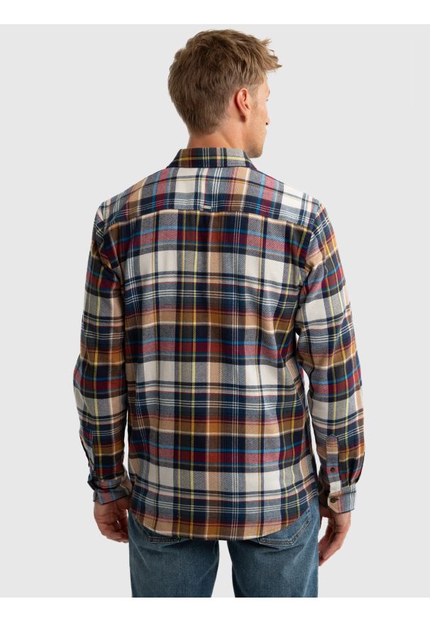 Big-Star - Koszula męska flanelowa w kratę beżowa Fileso 801. Okazja: na co dzień. Kolor: beżowy. Materiał: bawełna, jeans. Sezon: jesień. Styl: klasyczny, elegancki, casual