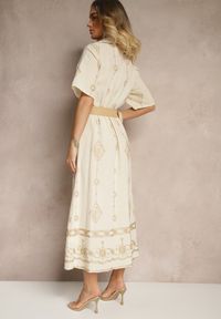Renee - Beżowa Koszulowa Sukienka z Bawełny z Plecionym Paskiem Sariene. Okazja: na co dzień. Kolor: beżowy. Materiał: bawełna. Typ sukienki: koszulowe. Styl: boho, elegancki, casual #3