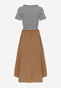 Born2be - Niebieska Rozkloszowana Sukienka z Bawełny Imitująca Bluzkę w Paski i Spódnicę Chathusa. Okazja: na co dzień. Kolor: niebieski. Materiał: bawełna. Wzór: paski. Typ sukienki: proste. Styl: retro, klasyczny, casual #3