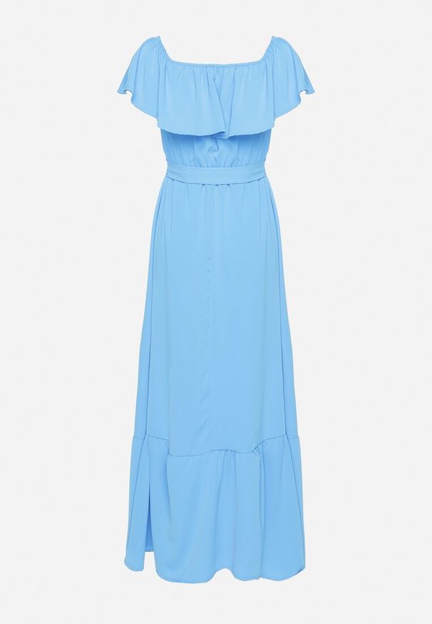 Born2be - Niebieska Sukienka o Rozkloszowanym Fasonie z Hiszpańskim Dekoltem i Materiałowym Paskiem Nacara. Okazja: na co dzień. Kolor: niebieski. Materiał: materiał. Długość rękawa: krótki rękaw. Sezon: lato. Typ sukienki: proste. Styl: casual