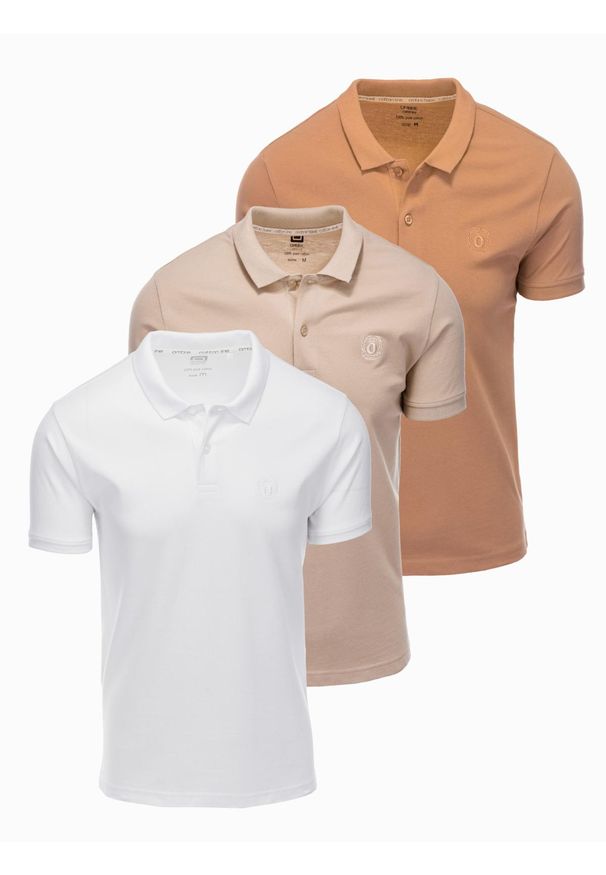 Ombre Clothing - Komplet bawełnianych t-shirtów męskich polo BASIC – biały/cielisty/jasnobrązowy V6 - Rozmiar: XL. Typ kołnierza: polo. Kolor: biały. Materiał: bawełna. Wzór: haft, melanż. Styl: klasyczny, sportowy