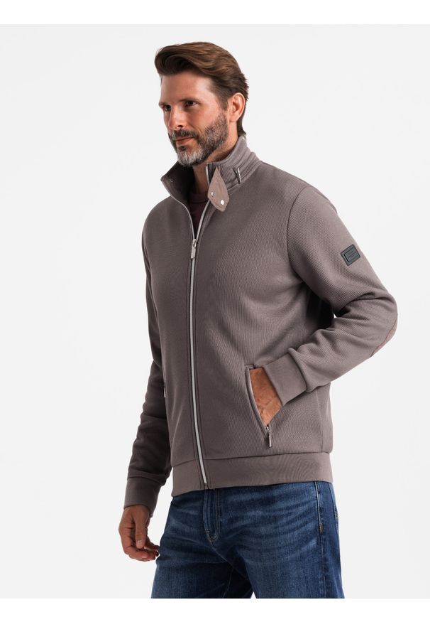 Ombre Clothing - Kurtka męska z wysokim kołnierzem i polarowym wnętrzem – popielata V2 - Rozmiar: XL. Kolor: szary. Materiał: polar. Wzór: aplikacja. Styl: elegancki