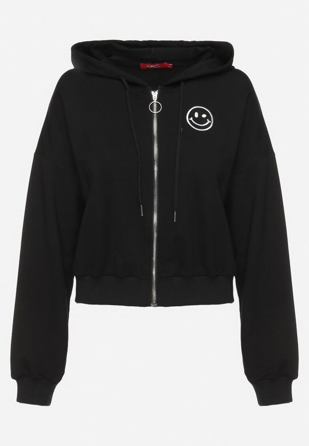Born2be - Czarna Bluza z Wyszytą Buźką i Kapturem Ściąganym Troczkami Ilexa. Kolor: czarny. Materiał: dzianina