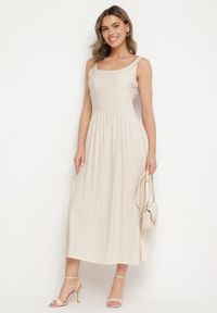 Born2be - Beżowa Wiskozowa Sukienka o Rozkloszowanym Kroju Milareina. Okazja: na co dzień. Kolor: beżowy. Materiał: wiskoza. Długość rękawa: długi rękaw. Wzór: aplikacja. Typ sukienki: rozkloszowane. Styl: casual, elegancki #2