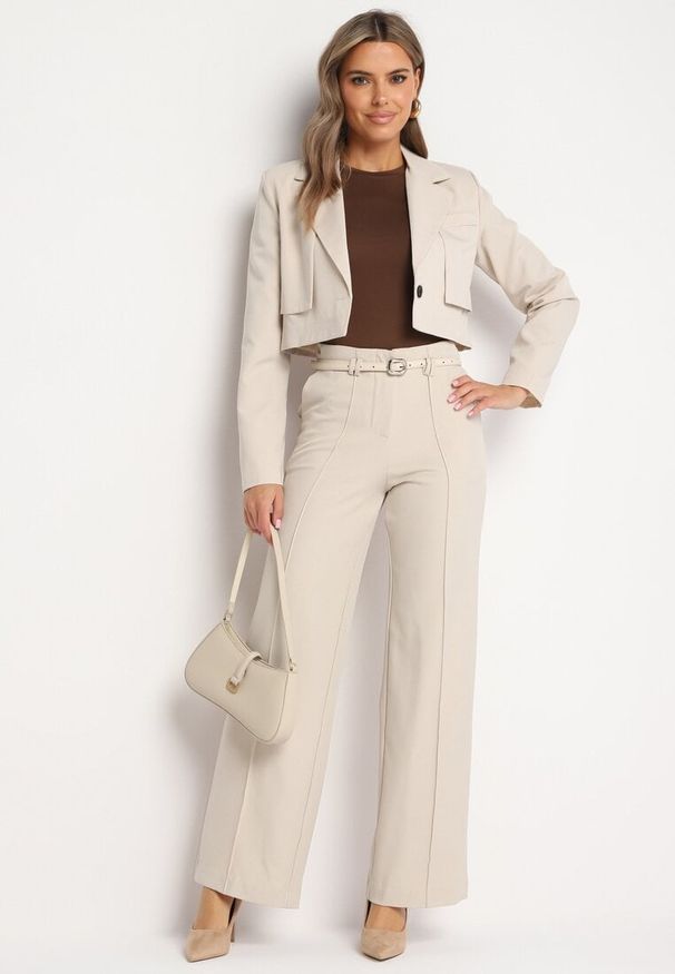 Born2be - Jasnobeżowe Szerokie Spodnie z Dodatkiem Wiskozy Wysokim Stanem i Paskiem Mevanelle. Okazja: na co dzień. Stan: podwyższony. Kolor: beżowy. Materiał: wiskoza. Styl: casual, elegancki, klasyczny