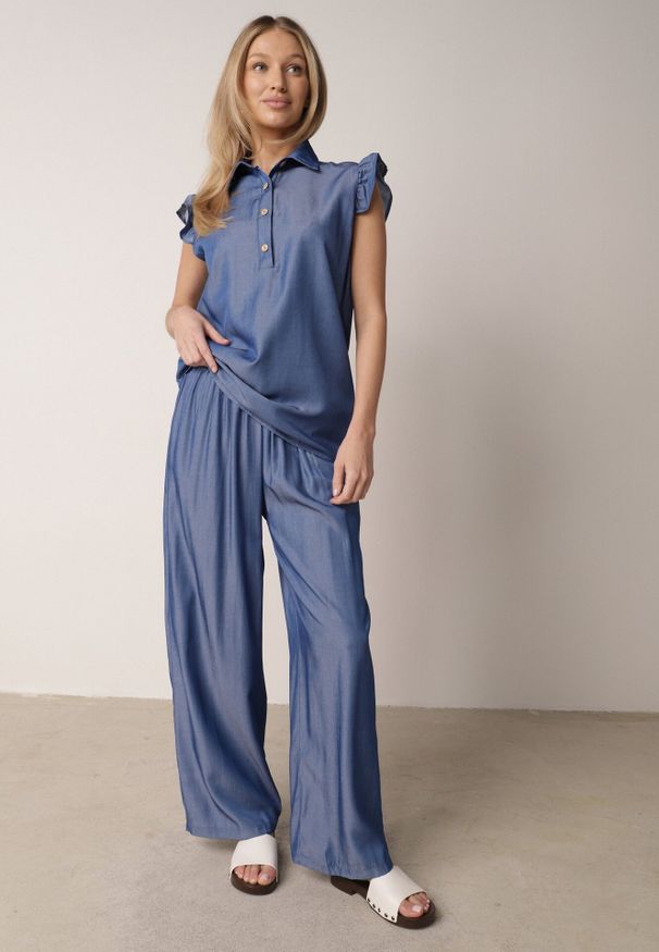 Born2be - Niebieski Komplet z Wiskozą Szerokie Spodnie i Bluzka z Kołnierzykiem Nautiviane. Kolekcja: plus size. Kolor: niebieski. Materiał: wiskoza. Wzór: gładki