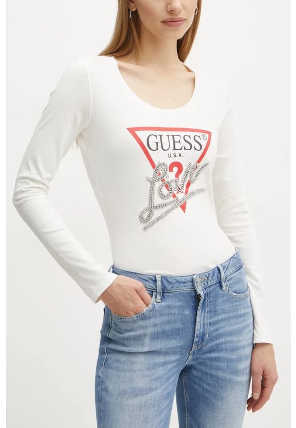Guess - GUESS Biały damski longsleeve Love Tee. Kolor: biały. Długość rękawa: długi rękaw