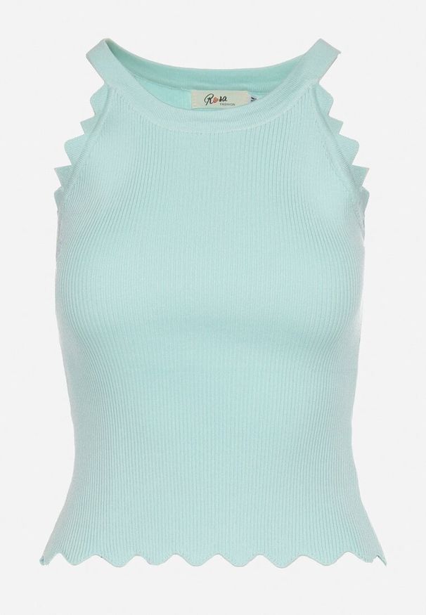 Born2be - Miętowy Klasyczny Top z Prążkowanego Materiału z Wiskozą i Ozdobnym Wykończeniem Grunvia. Okazja: do pracy, na co dzień. Kolor: miętowy. Materiał: materiał, wiskoza, prążkowany. Sezon: lato. Styl: klasyczny
