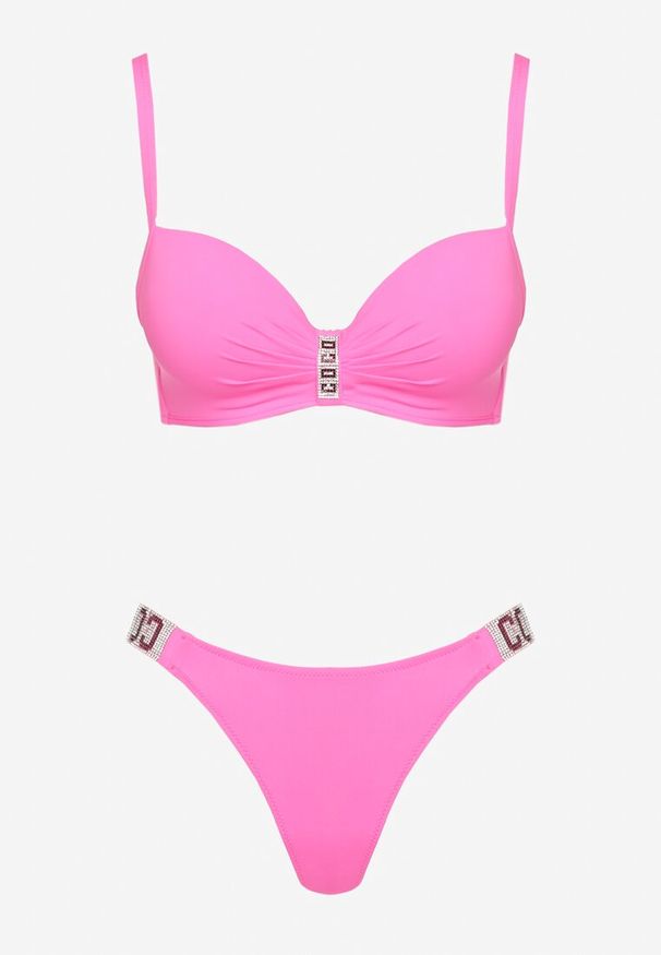 Renee - Fuksjowe Bikini Biustonosz i Majtki Figi z Aplikacją z Cyrkoniami Nateria. Kolor: różowy. Wzór: aplikacja