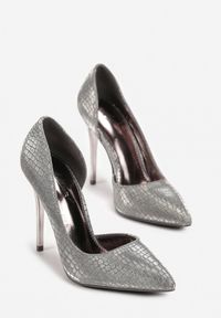 Born2be - Srebrne Szpilki z Tłoczeniem Skóry Węża i Ozdobnym Wycięciem Phenthe. Kolor: srebrny. Materiał: skóra. Obcas: na szpilce #4