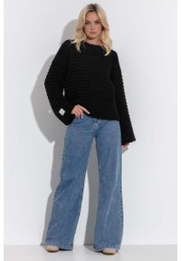 Fobya - Luźny Sweter w Prążkowany Wzór - Czarny. Kolor: czarny. Materiał: prążkowany