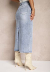 Renee - Jasnoniebieska Jeansowa Spódnica High Waist z Nitami Przy Kieszeniach Nellajoy. Okazja: na co dzień. Stan: podwyższony. Kolor: niebieski. Materiał: jeans. Styl: casual, elegancki, rockowy #3