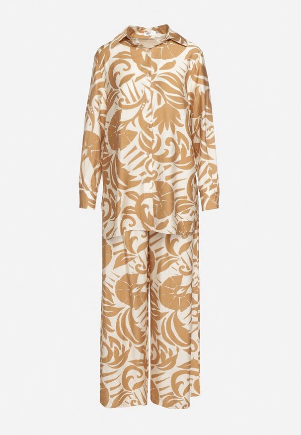 Born2be - Beżowy Wiskozowy Komplet Koszula z Długim Rękawem i Szerokie Spodnie Xiseria. Kolor: beżowy. Materiał: wiskoza