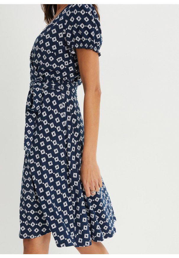bonprix - Sukienka z dżerseju z mieszanki wiskozy. Kolor: niebieski. Materiał: jersey, wiskoza. Wzór: nadruk. Typ sukienki: dopasowane