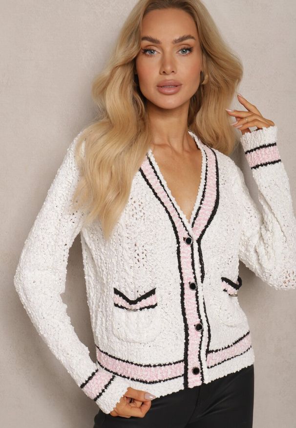Renee - Beżowy Kardigan z Wiskozą na Guziki z Paskami Liathalie. Okazja: na co dzień. Kolor: beżowy. Materiał: wiskoza. Styl: elegancki, casual, klasyczny
