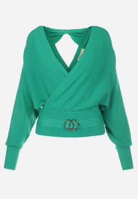 Born2be - Zielony Kopertowy Sweter z Klamerką Gelfi. Typ kołnierza: kokarda. Kolor: zielony. Materiał: dzianina, prążkowany #2