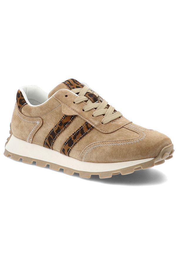 Sneakersy damskie S.Barski, cholewka ze skóry naturalnej zamszowej z tekstylnymi panelami kontrastowe wstawki boczne klasyczne sznurowanie profilowan. Okazja: na co dzień. Zapięcie: sznurówki. Kolor: beżowy. Materiał: skóra, zamsz. Szerokość cholewki: normalna. Wzór: motyw zwierzęcy