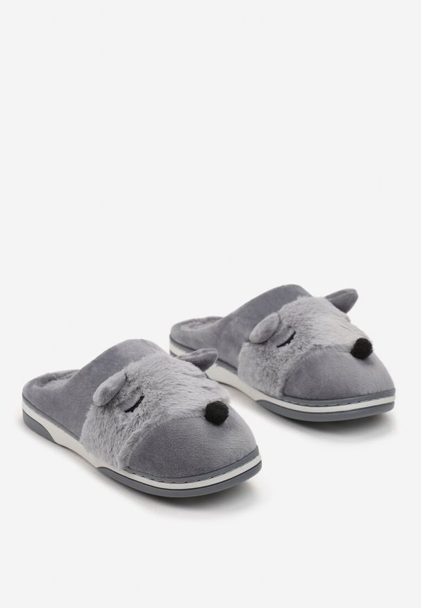 Born2be - Szare Kapcie z Futerkiem i Ozdobnymi Uszami Vlavellla. Kolor: szary. Materiał: futro