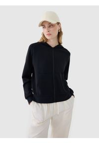 4f - 4F Bluza dresowa rozpinana z modalem damska - czarna M. Okazja: na co dzień. Typ kołnierza: kaptur. Kolor: czarny. Materiał: dresówka. Długość rękawa: raglanowy rękaw. Wzór: gładki, ze splotem. Styl: casual, sportowy. Sport: fitness #1