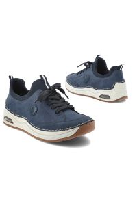 Półbuty damskie Rieker, cholewka ze skóry ekologicznej gładkiej klasyczne wsuwane lekka sportowa forma amortyzowana podeszwa, niebieskie, 44562-14. Okazja: na spacer, na co dzień. Zapięcie: bez zapięcia. Kolor: niebieski. Materiał: skóra ekologiczna. Szerokość cholewki: normalna. Wzór: gładki. Styl: klasyczny, sportowy #2