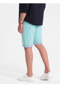 Ombre Clothing - Męskie szorty chinosy z kontrastowym podwinięciem – turkusowe V4 - Rozmiar: M. Okazja: na imprezę, do pracy, na co dzień. Kolor: turkusowy. Materiał: tkanina, elastan, bawełna. Długość: krótkie. Wzór: kolorowy. Sezon: lato. Styl: wakacyjny, casual #6