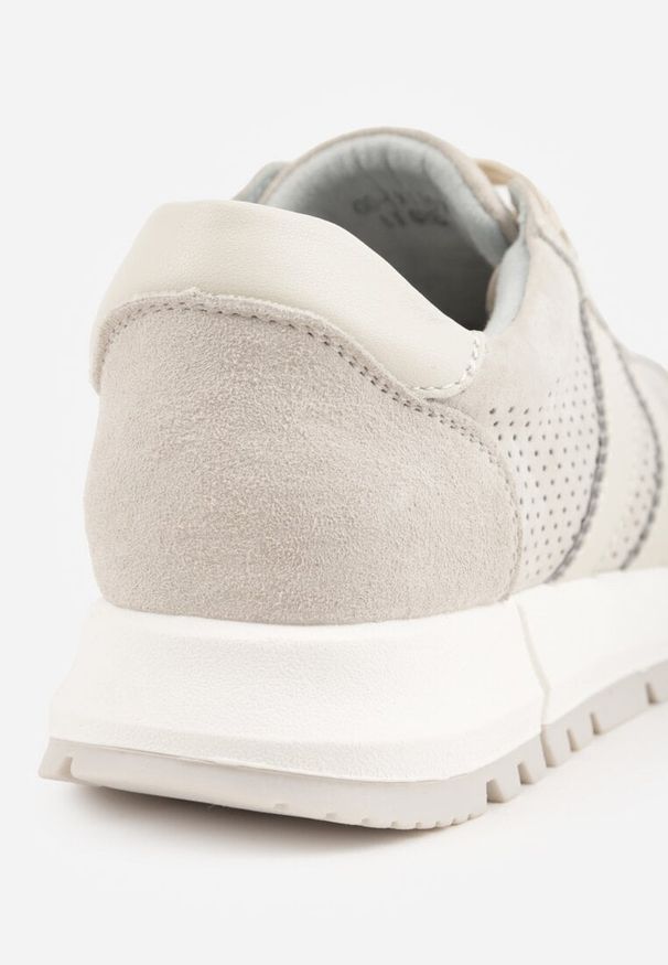 Renee - Jasnoszare Sneakersy z Zamszu Naturalnego z Ozdobnymi Paskami i Perforacją Ravinelle. Okazja: na co dzień. Zapięcie: pasek. Kolor: szary. Materiał: zamsz