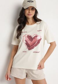 Born2be - Jasnobeżowy T-shirt z Ozdobnym Nadrukiem Palithiela. Okazja: na co dzień. Kolor: beżowy. Materiał: jeans. Wzór: nadruk. Styl: klasyczny, casual
