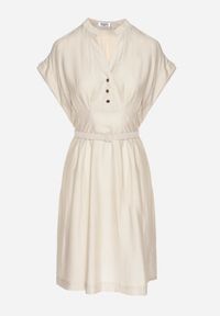 Born2be - Beżowa Sukienka z Wiskozy o Rozkloszowanym Kroju z Paskiem Sepina. Okazja: na co dzień. Typ kołnierza: dekolt w serek. Kolor: beżowy. Materiał: wiskoza. Długość rękawa: krótki rękaw. Wzór: aplikacja. Sezon: lato. Styl: casual, elegancki, klasyczny #6