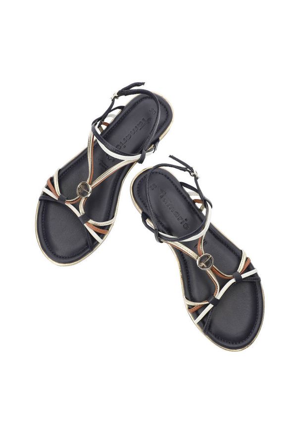 Granatowe Sandały Tamaris Eleganckie Płaskie Buty. Okazja: na co dzień, na spacer. Zapięcie: pasek. Kolor: niebieski. Materiał: skóra. Wzór: paski. Sezon: lato. Styl: elegancki