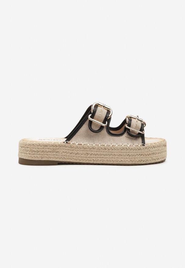 Born2be - Beżowo-Czarne Klapki na Podeszwie z Plecionki z Tweedowymi Paskami z Klamrami Zilaya. Okazja: na co dzień. Kolor: beżowy. Wzór: paski. Styl: casual, boho
