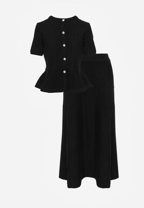 Renee - Czarny Komplet z Wiskozą Bluzka z Guzikami i Baskinką i Spódnica Narinna. Kolor: czarny. Materiał: wiskoza