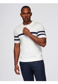 Ombre Clothing - Koszulka męska polo z miękkiej dzianiny z kontrastowymi pasami - biała V1. Okazja: na co dzień. Typ kołnierza: polo. Kolor: biały. Materiał: dzianina. Długość: krótkie. Wzór: paski. Styl: casual