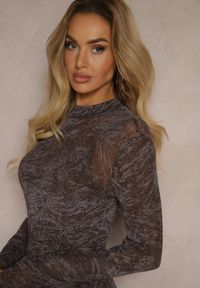 Renee - Brązowo-Szara Dopasowana Sukienka z Siateczki z Wiskozą Zdobiona Rozcięciami z Halką Distaria. Okazja: do pracy. Kolor: brązowy. Materiał: wiskoza. Wzór: aplikacja. Typ sukienki: dopasowane. Styl: wizytowy, elegancki