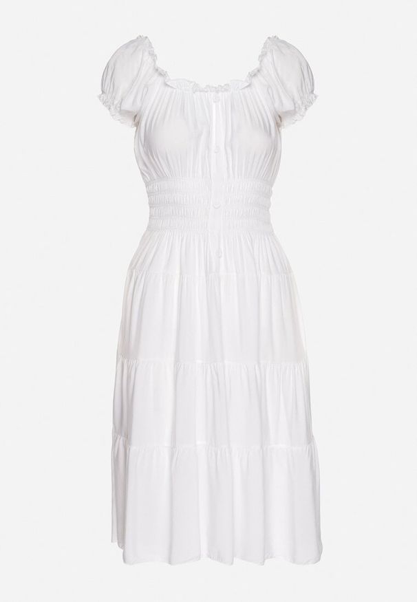 Born2be - Biała Bawełniana Rozkloszowana Sukienka z Guzikami i Bufiastymi Rękawami Annivi. Okazja: na co dzień. Kolor: biały. Materiał: bawełna. Styl: casual, elegancki, klasyczny